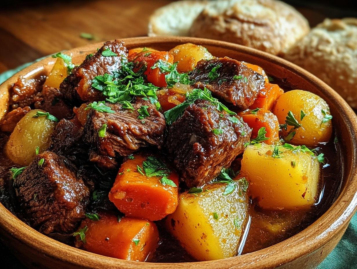 Slow Cooker Honey Garlic Beef Stew with tender beef and vegetables
