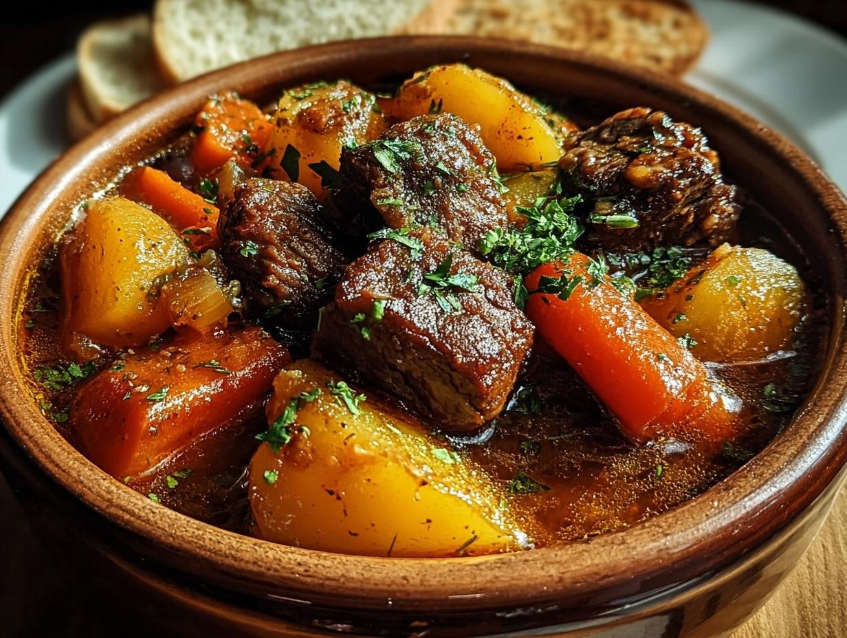 Close-up of Slow Cooker Honey Garlic Beef Stew in a bowl, garnished with parsley