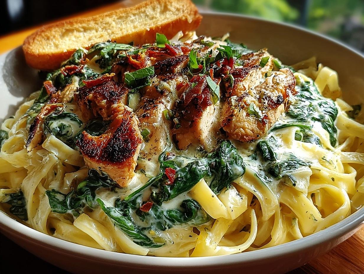 Creamy Spinach Chicken Alfredo: Amazing 1-Dish Meal - close-up of fettuccine coated in creamy sauce with chicken and spinach