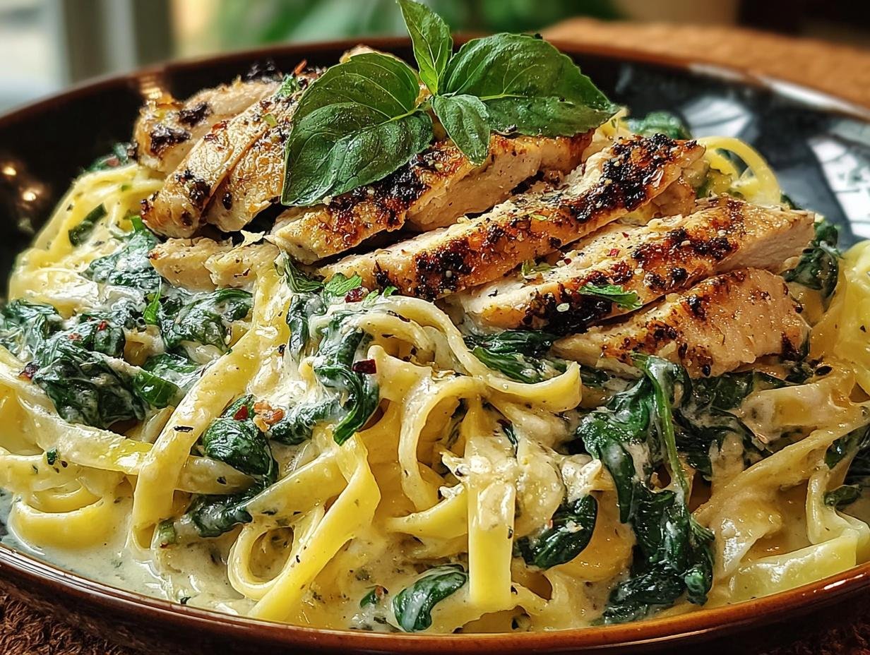 Creamy Spinach Chicken Alfredo: Amazing 1-Dish Meal - overhead view of the finished dish with garnish