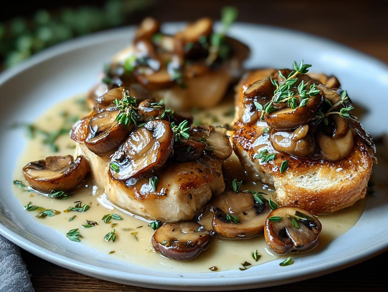 Irresistible Creamy Mushroom Chicken - close-up of creamy sauce with mushrooms and chicken