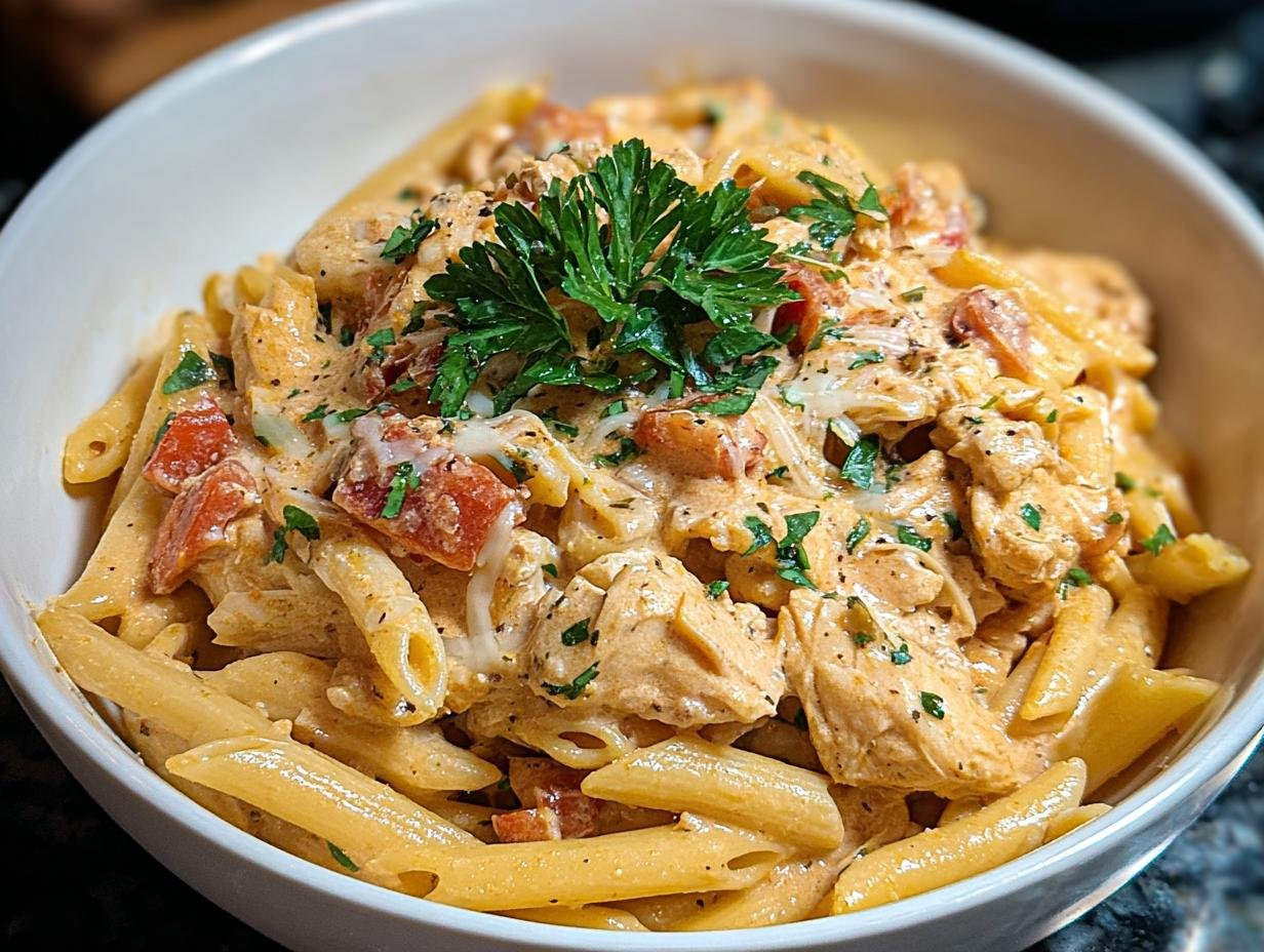 Irresistible Crock Pot Creamy Cajun Chicken Pasta - serving suggestion with parsley garnish
