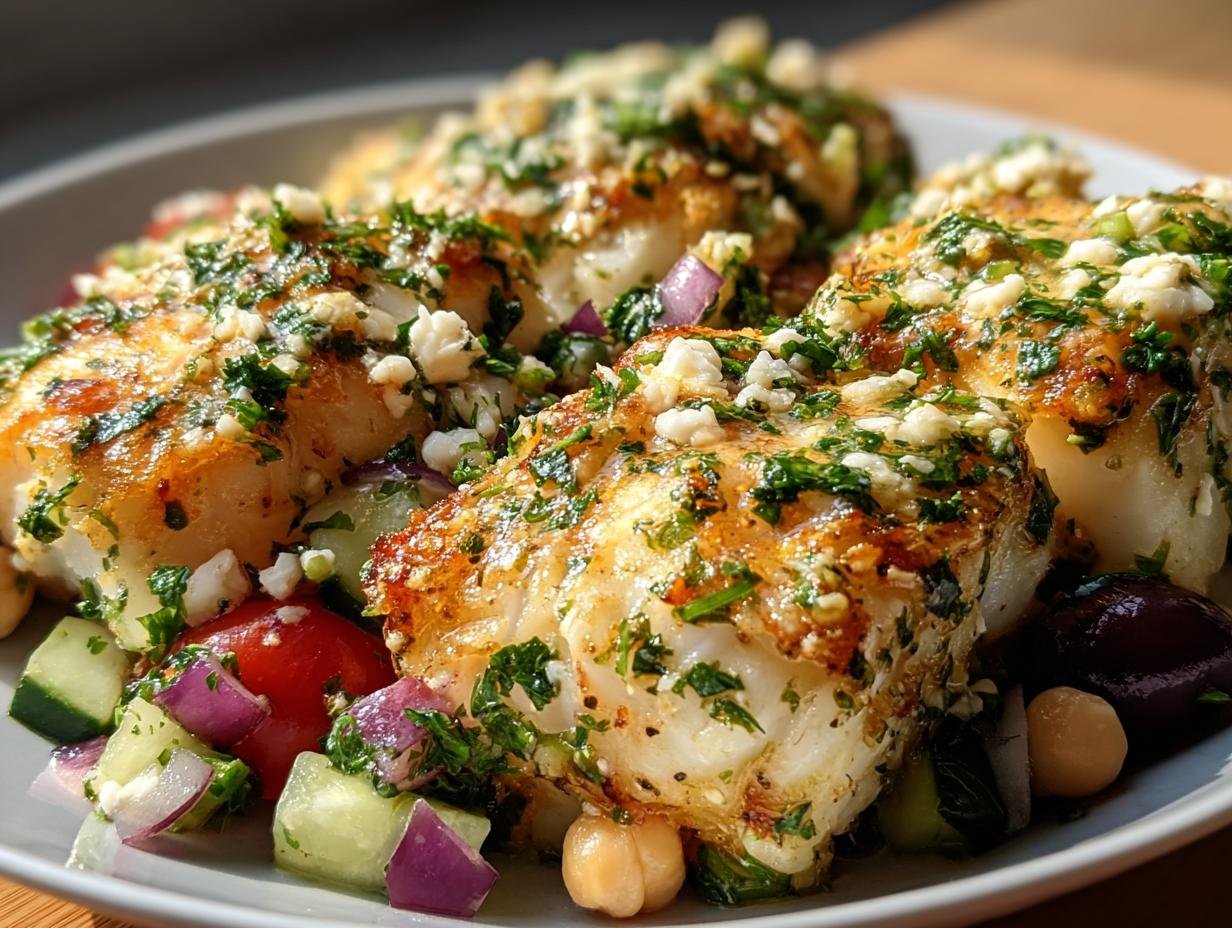 Close-up of garlic butter sauce being poured over cod fillets