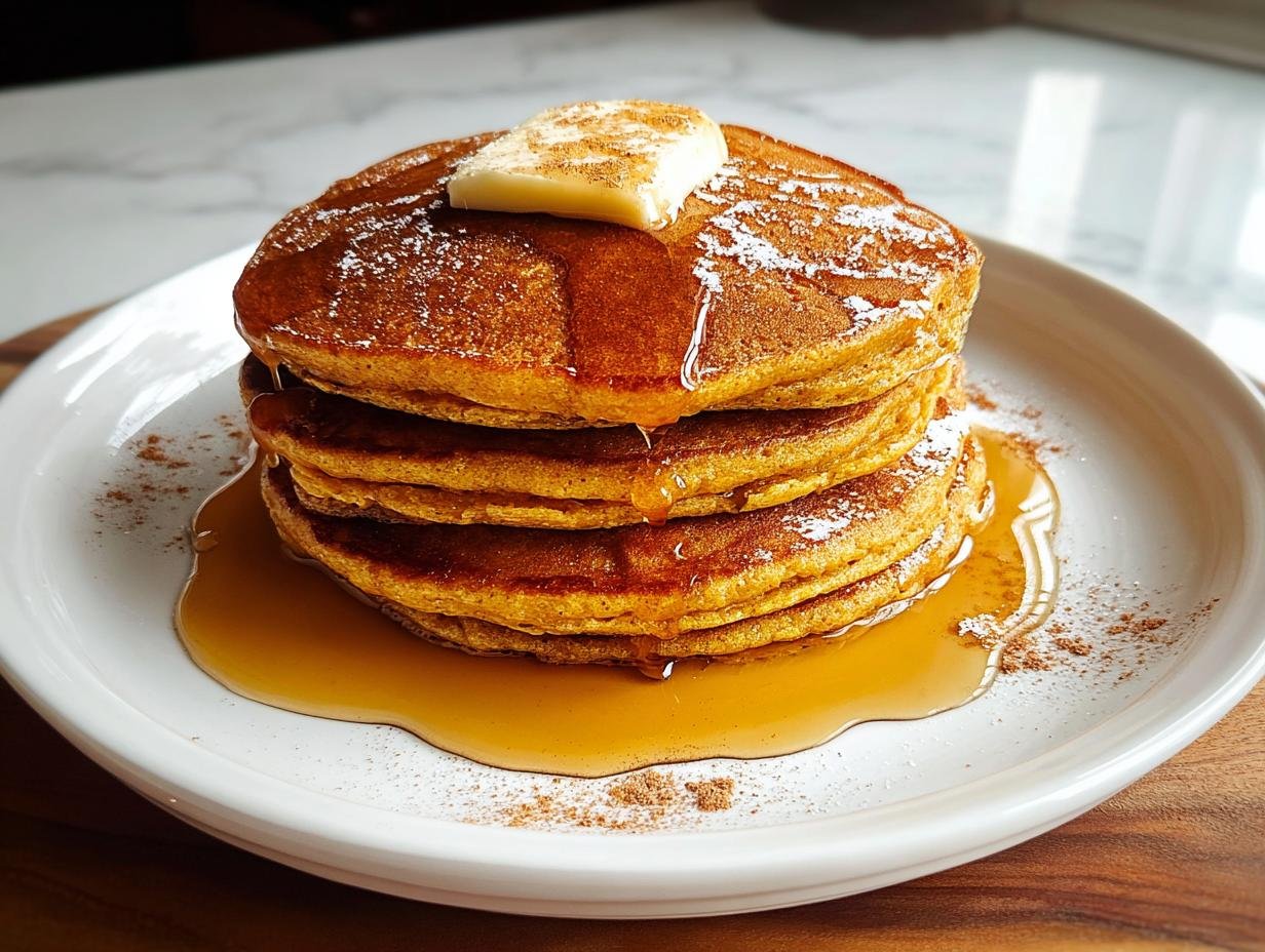 Irresistible Pumpkin Pancakes Fluffy - overhead view of a stack of pumpkin pancakes with syrup
