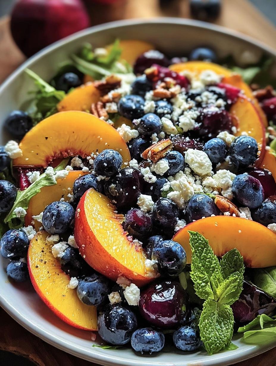 Delicious and vibrant Blueberry Peach Feta Salad with fresh blueberries, sliced peaches, and crumbled feta cheese, ready to be served as a refreshing summer dish.