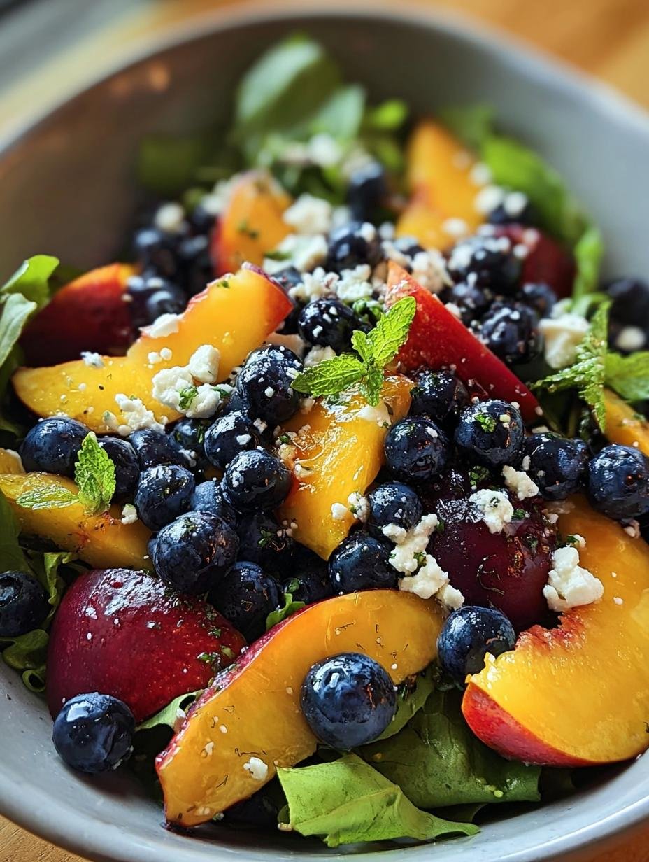 Close-up of a refreshing Blueberry Peach Feta Salad, showcasing the vibrant colors and textures of the fresh fruit and crumbled feta, perfect for a summer meal.