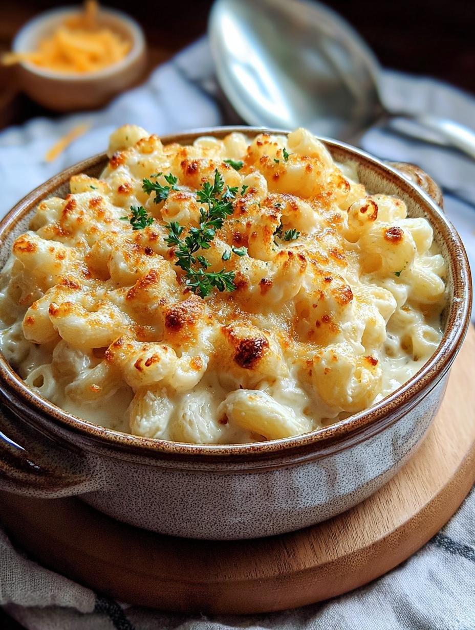 Close-up of a spoonful of Creamy Cottage Cheese Mac, showing the rich, melted cheese and tender elbow macaroni, garnished with fresh herbs