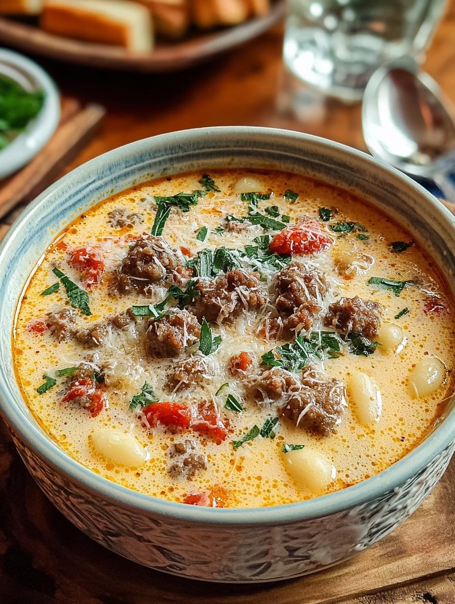 Delicious Creamy Parmesan Italian Sausage served in a bowl with fresh parsley garnish, ready to eat