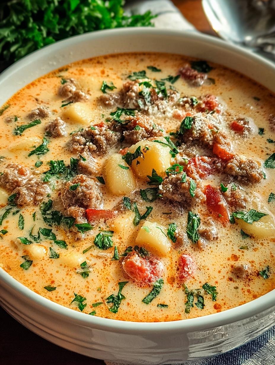 Close-up of Creamy Parmesan Italian Sausage simmering in a pot, showing rich texture and ingredients