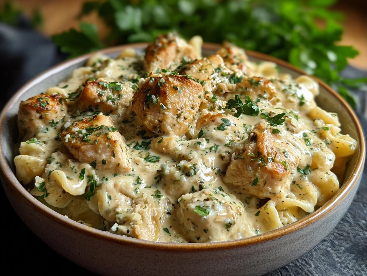 Close-up of creamy Crockpot Garlic Parmesan Chicken sauce