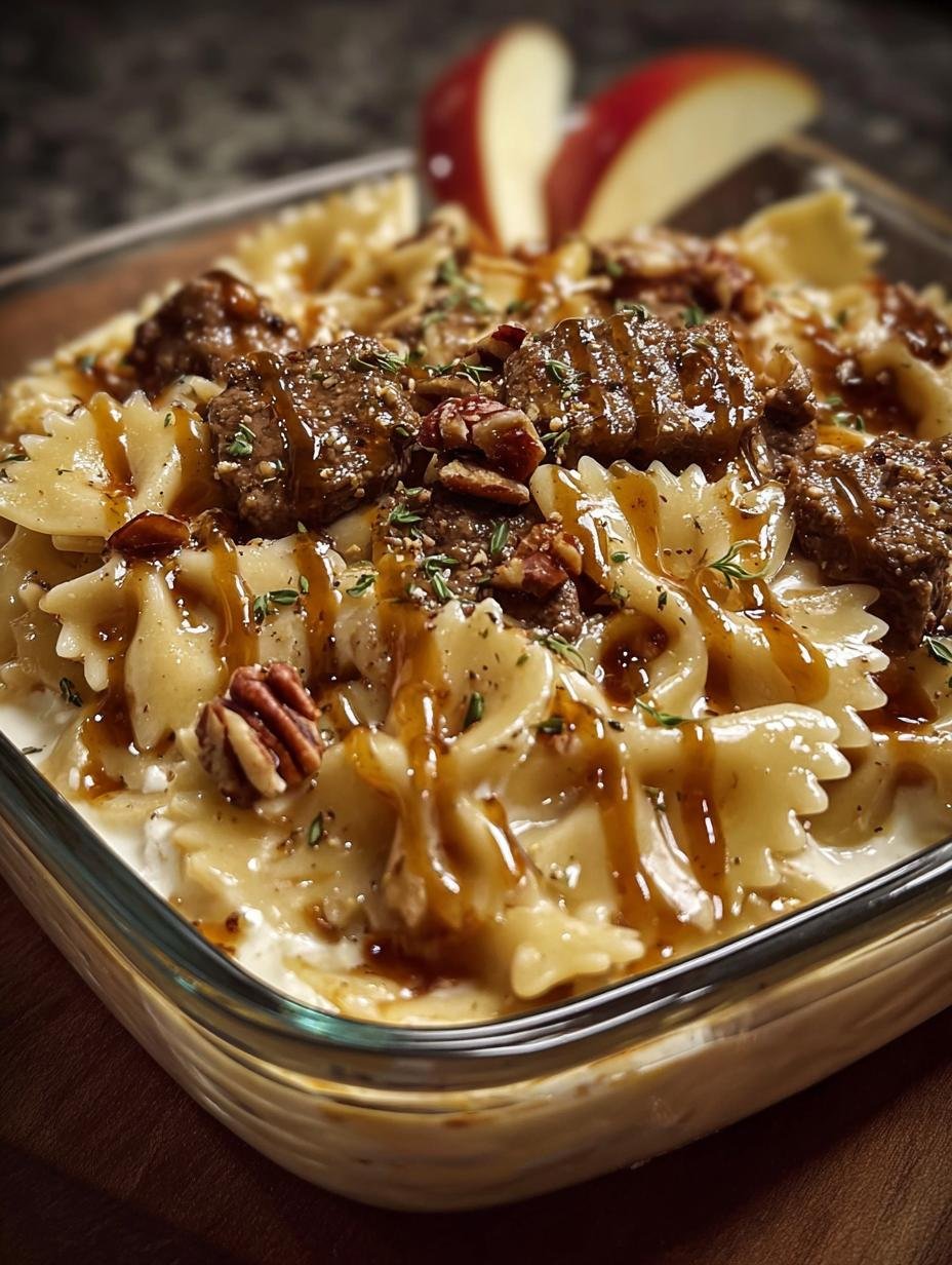 Close-up of Garlic Butter Beef Cheesy pasta, showcasing the creamy sauce and tender beef pieces.