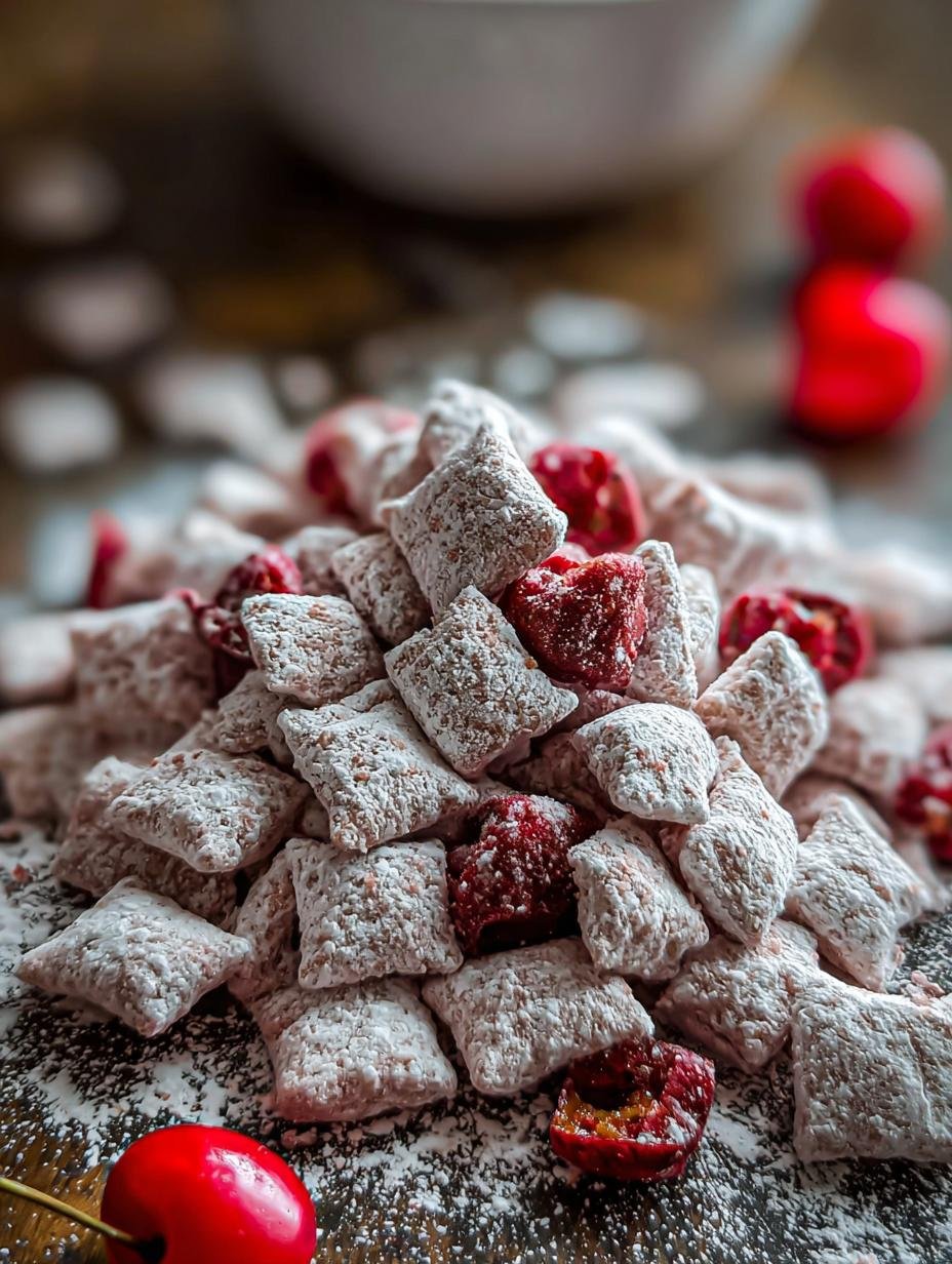 Irresistible Cherry Cheesecake Puppy Chow: A magical treat with vibrant red cherries and creamy white coating, perfect for gatherings.