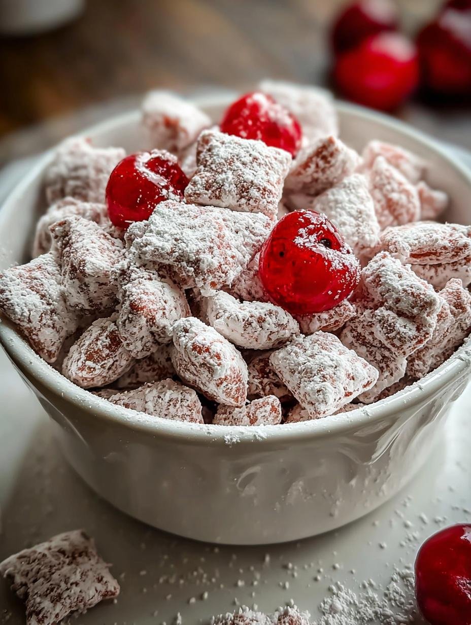 Irresistible Cherry Cheesecake Puppy Chow: A close-up of the delicious snack, showing the creamy coating and powdered sugar.