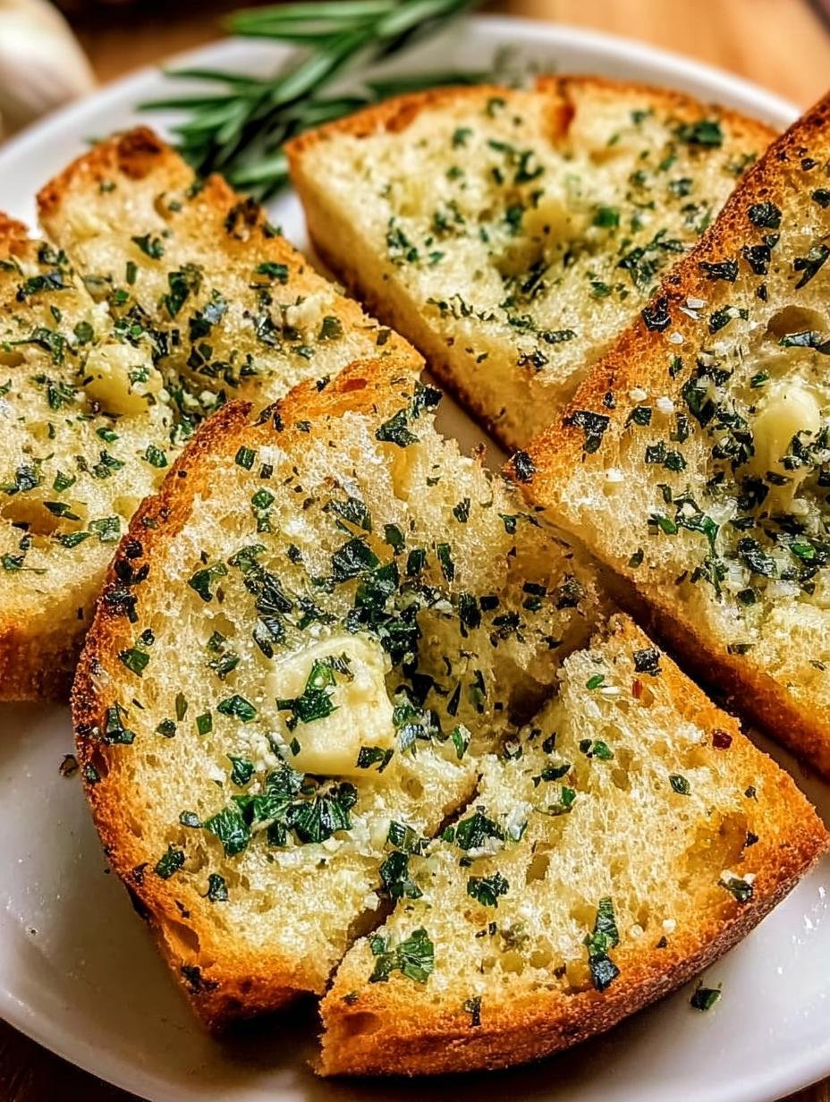Golden brown Irresistible Garlic Bread Buttery, fresh from the oven, sliced and ready to serve on a wooden board