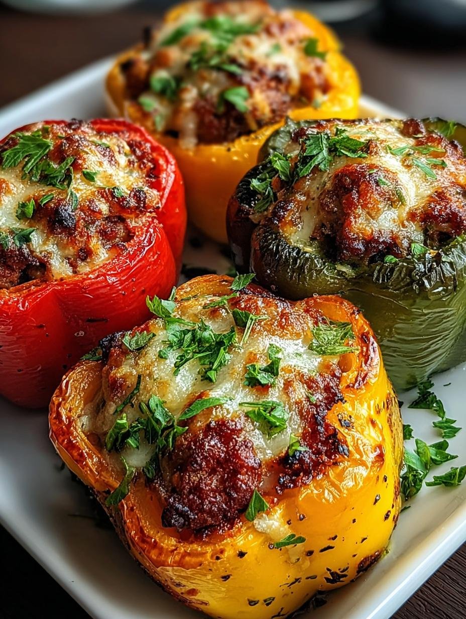 Close-up of Sizzling Sausage Peppers Stuffed with golden cheese topping