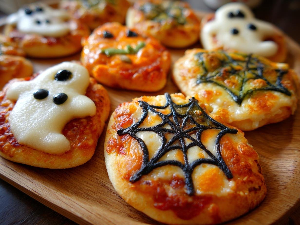 Spooky Halloween Mini Pizzas: 1 Fun Recipe - Spooky Halloween Mini Pizzas - close-up of decorated mini pizzas