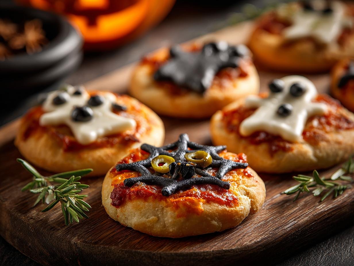 Spooky Halloween Mini Pizzas: 1 Fun Recipe - Spooky Halloween Mini Pizzas - variety of decorated mini pizzas