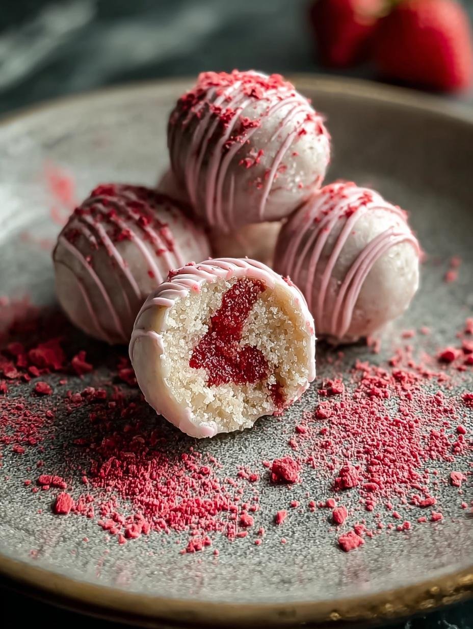 Delicious Strawberry Cheesecake Protein Balls on a white plate, garnished with fresh strawberries and mint, ready to be enjoyed as a healthy snack.