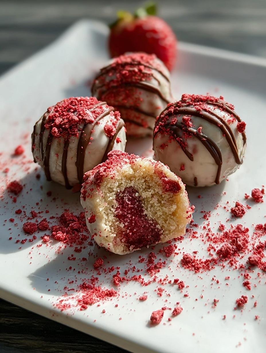 Close-up of a hand holding a Strawberry Cheesecake Protein Ball, showing its creamy texture and strawberry specks, highlighting its deliciousness.