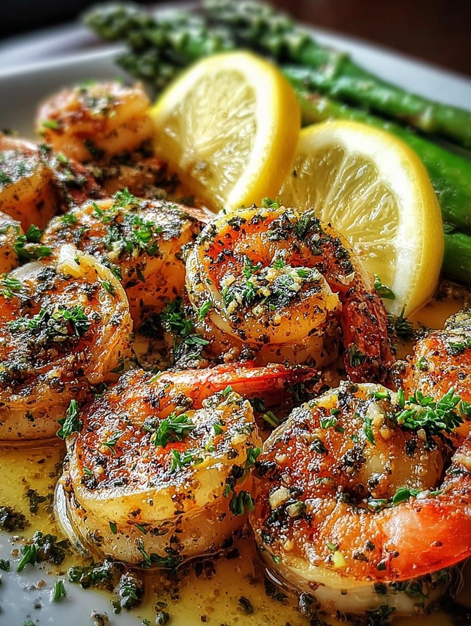 A close-up of a vibrant plate of Zesty Lemon Garlic Shrimp with asparagus and lemon wedges, showcasing the delicious meal.
