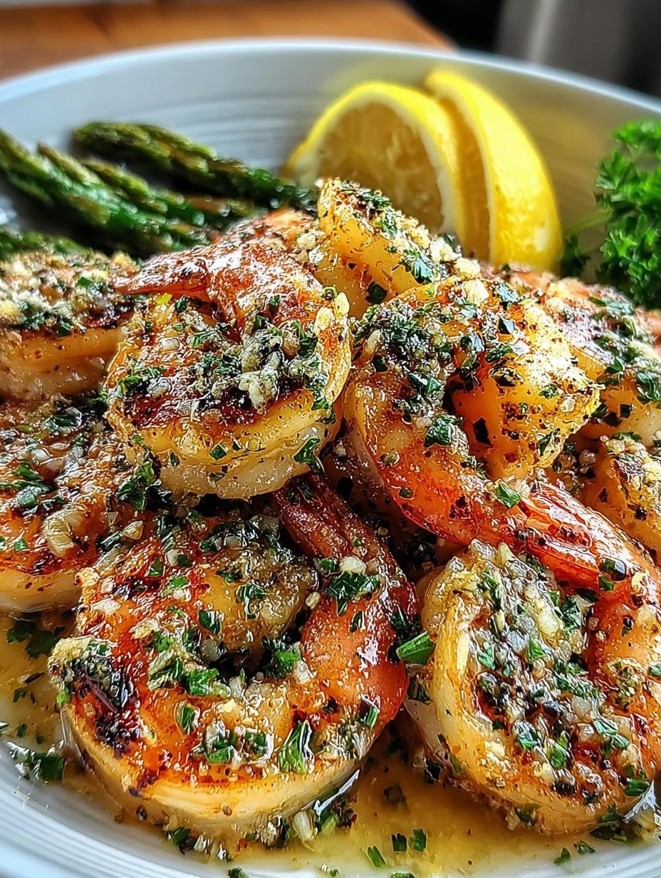 A close-up of a serving of Zesty Lemon Garlic Shrimp on a white plate, garnished with fresh parsley and lemon, ready to be enjoyed.