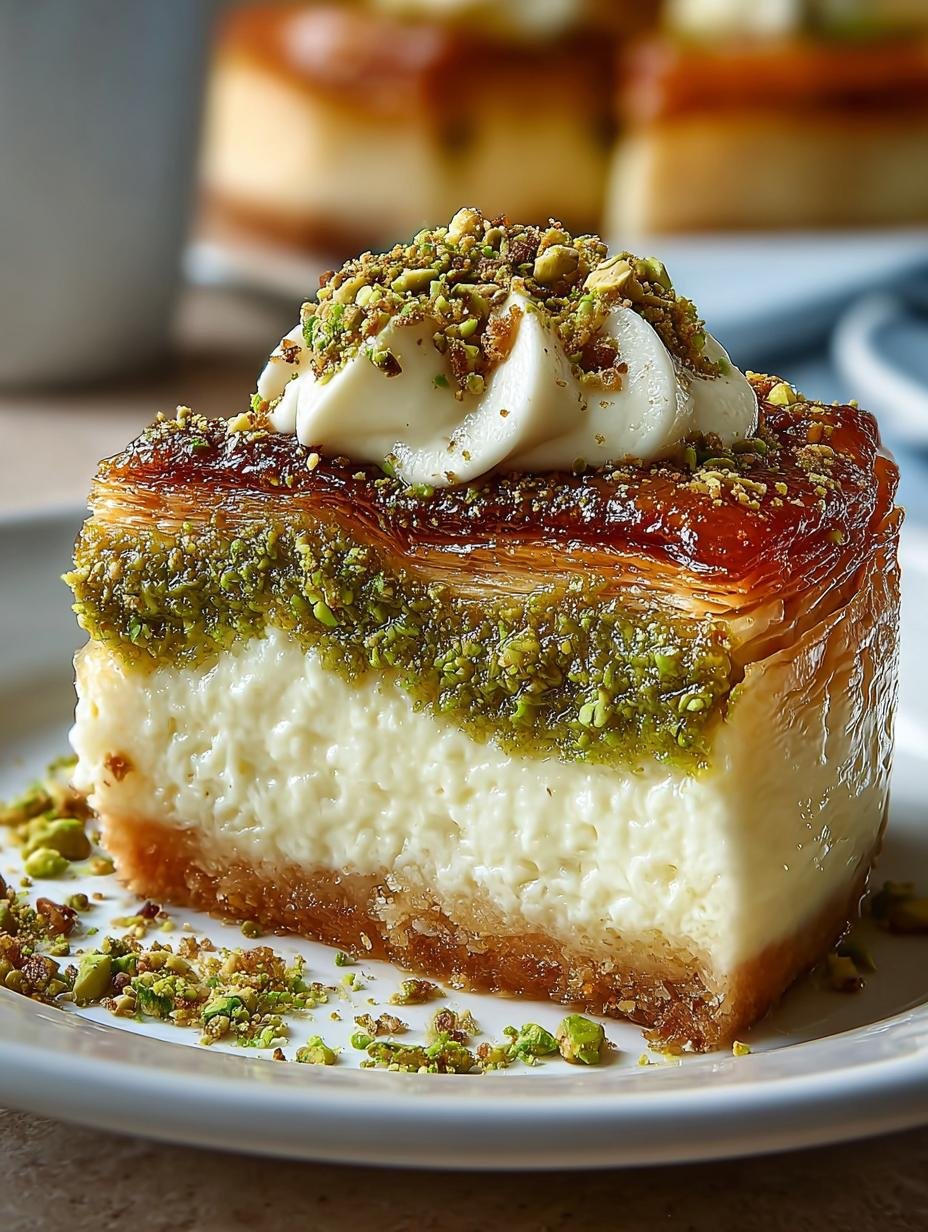 Irresistible Baklava Pistachio Cheesecake Decadent with layers of phyllo and pistachios