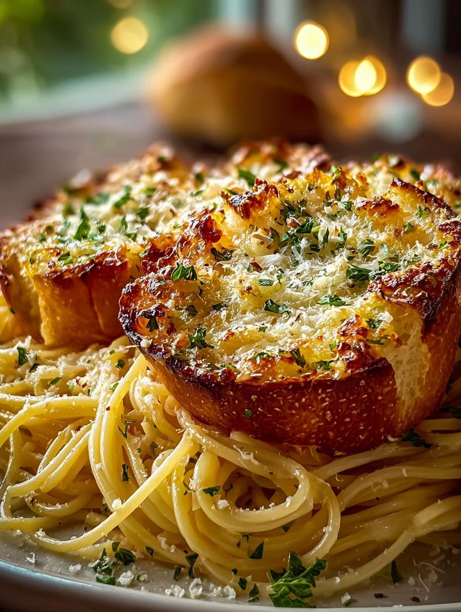 Irresistible Spaghetti Garlic Bread Tasty served with garlic bread on the side