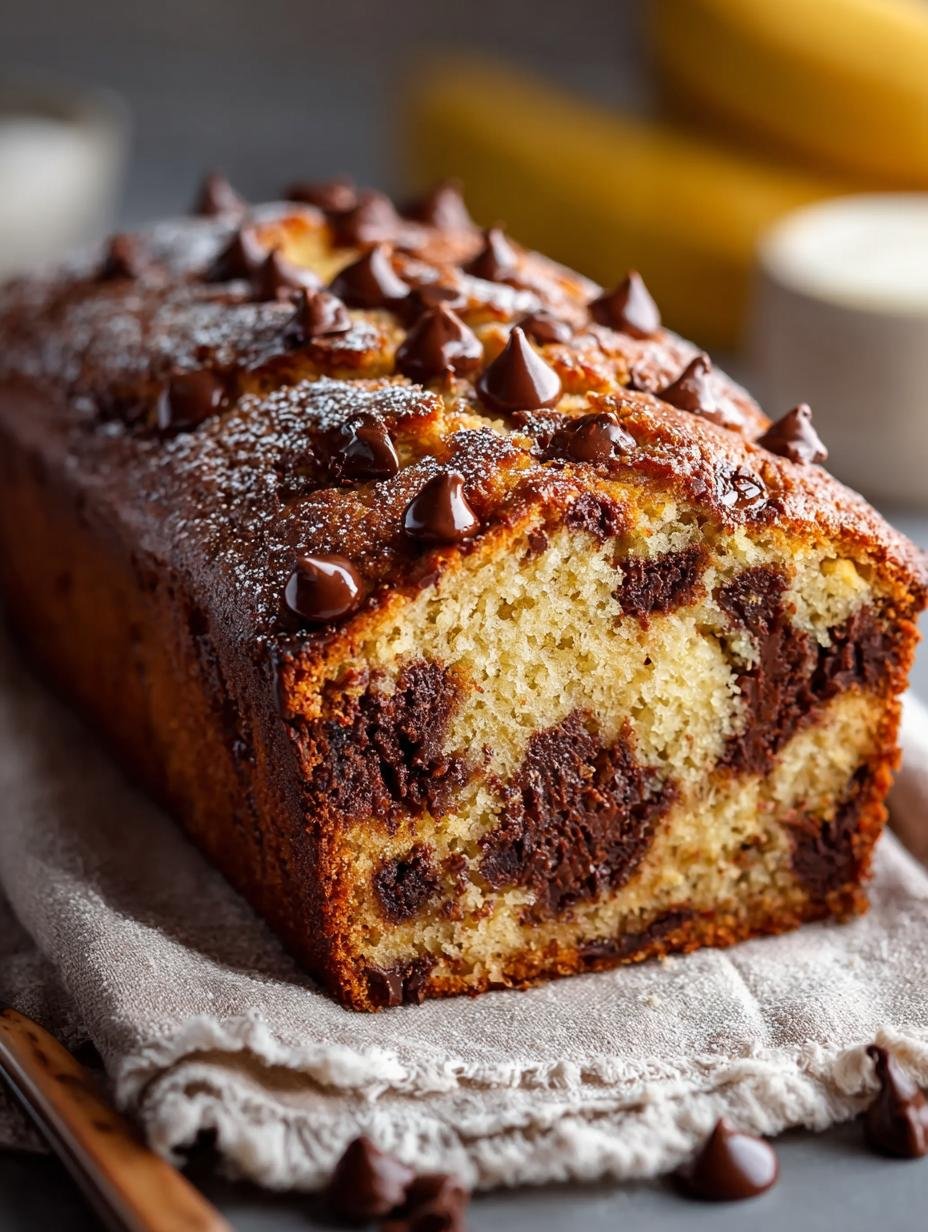 Irresistible chocolate chip banana bread fresh from the oven on a cooling rack