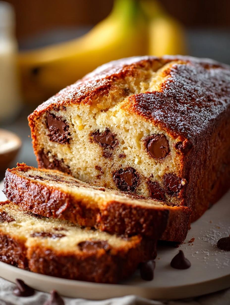 Delicious chocolate chip banana bread sliced and ready to serve