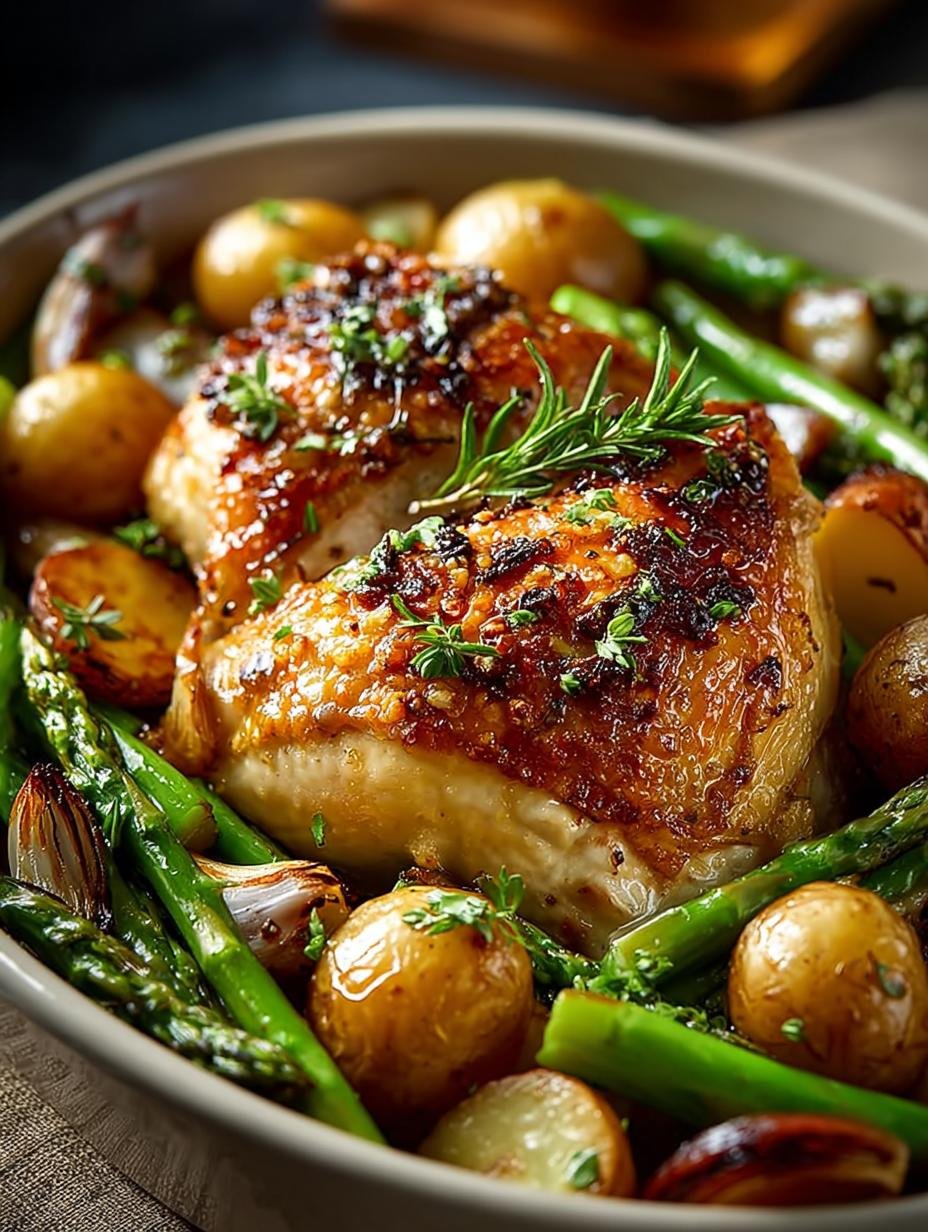 Irresistible Herb Roasted Chicken with Spring Veggies beautifully plated on a table