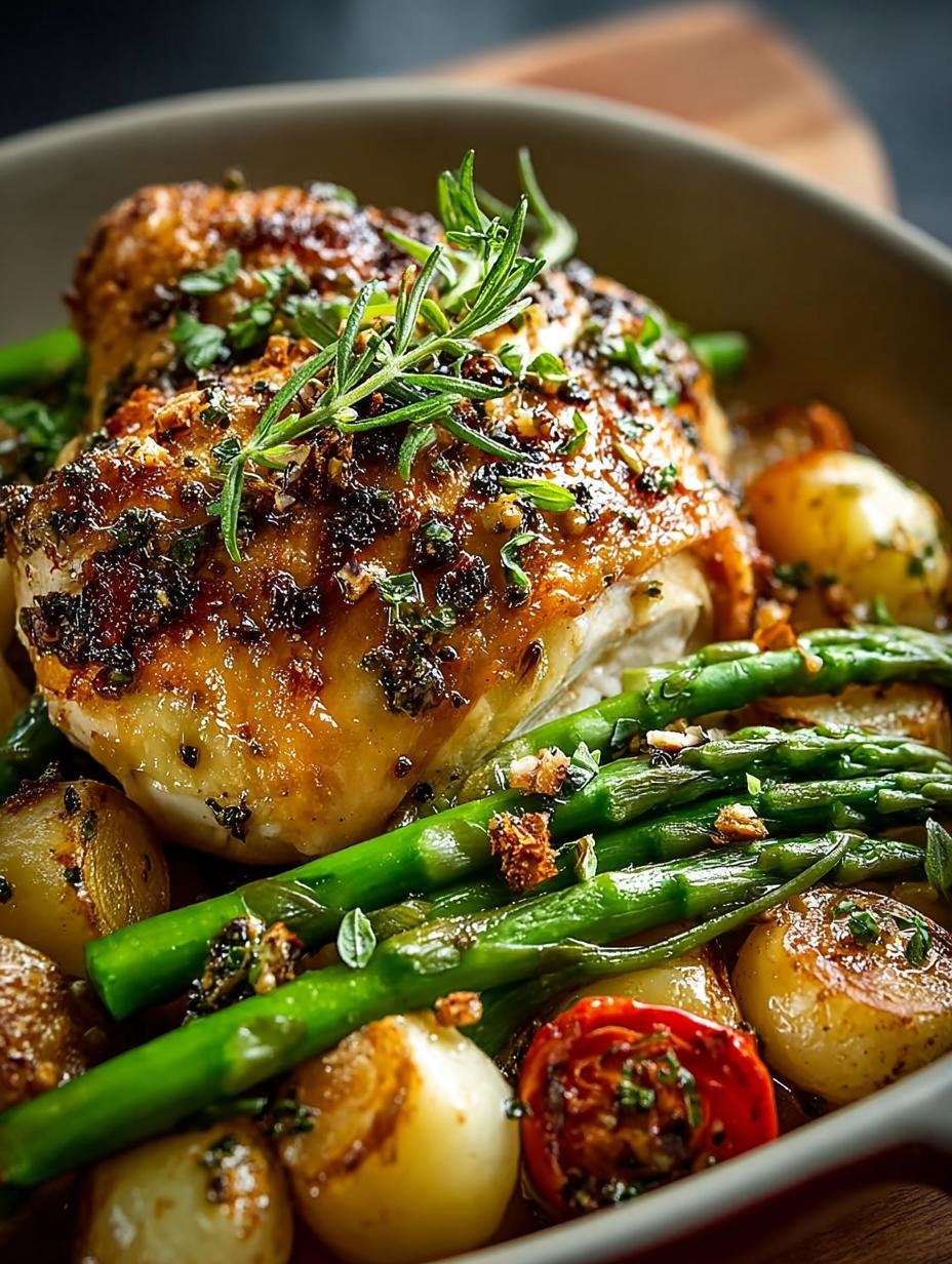 Herb Roasted Chicken with Spring Veggies served on a rustic table